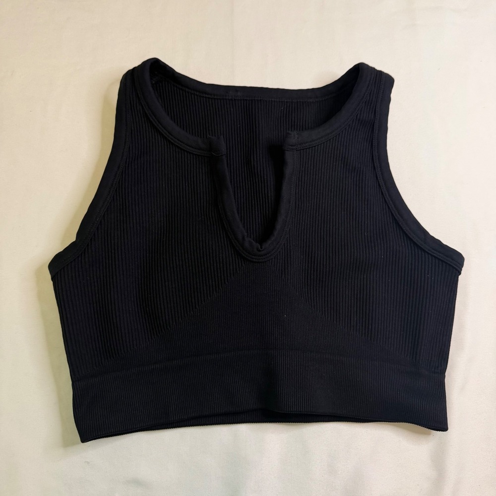 Black Ribbed Notched V-Neck Seamless Crop Top Tank Sleeveless Athletic